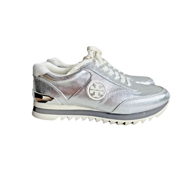 Tory Burch Sawtooth Logo Sneaker Size 7.5 Metallic Canvas Napa Leather Silver - Picture 2 of 12